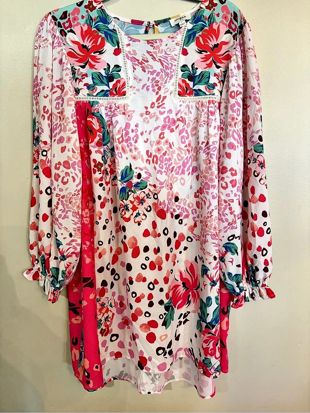 Umgee Mixed Floral & Leopard Print Tunic Dress Pink & Red Large